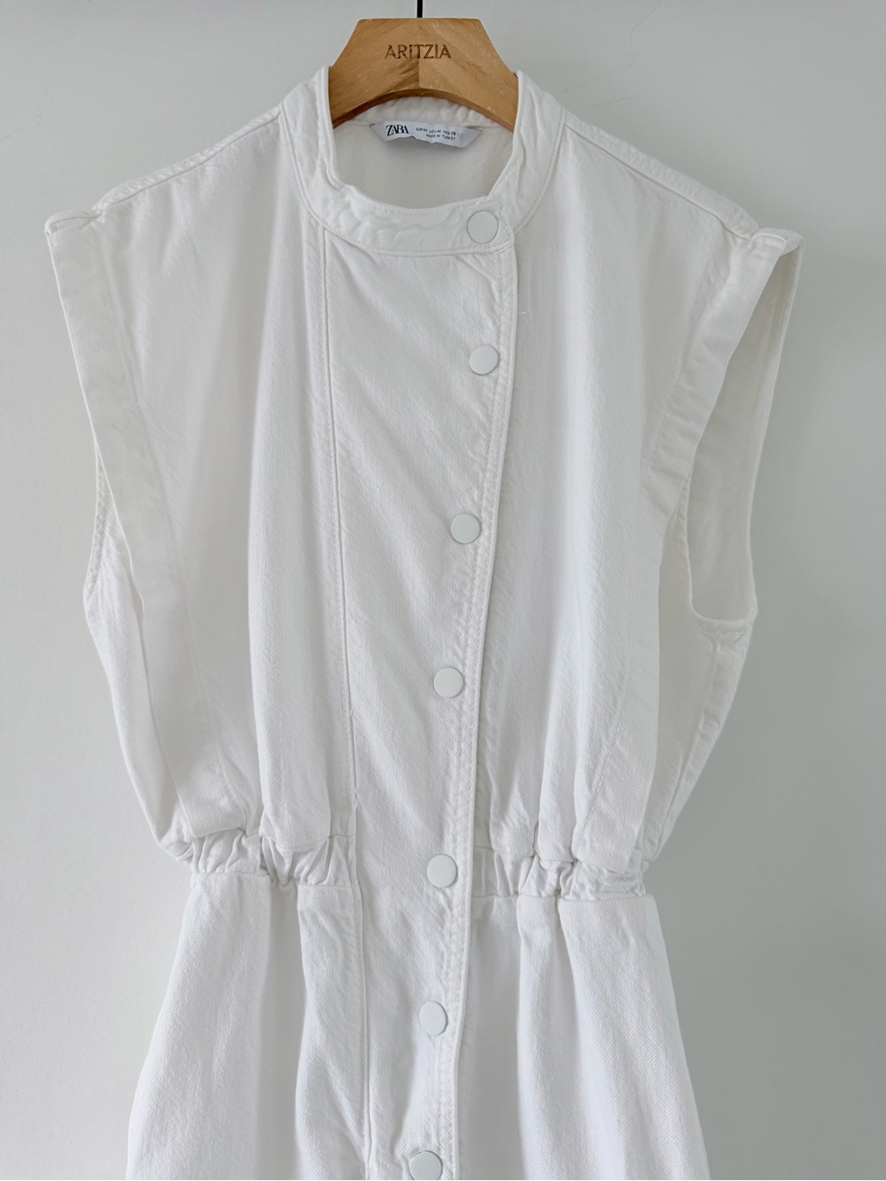 Zara White Denim Utility Jumpsuit Sleeveless Barrel Leg Snap Front Size M - Picture 3 of 11